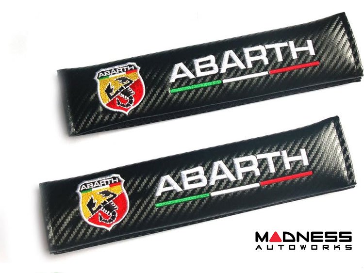 Seat Belt Shoulder Pads - set of 2 - Carbon Fiber look - Black w/ White ABARTH Logo